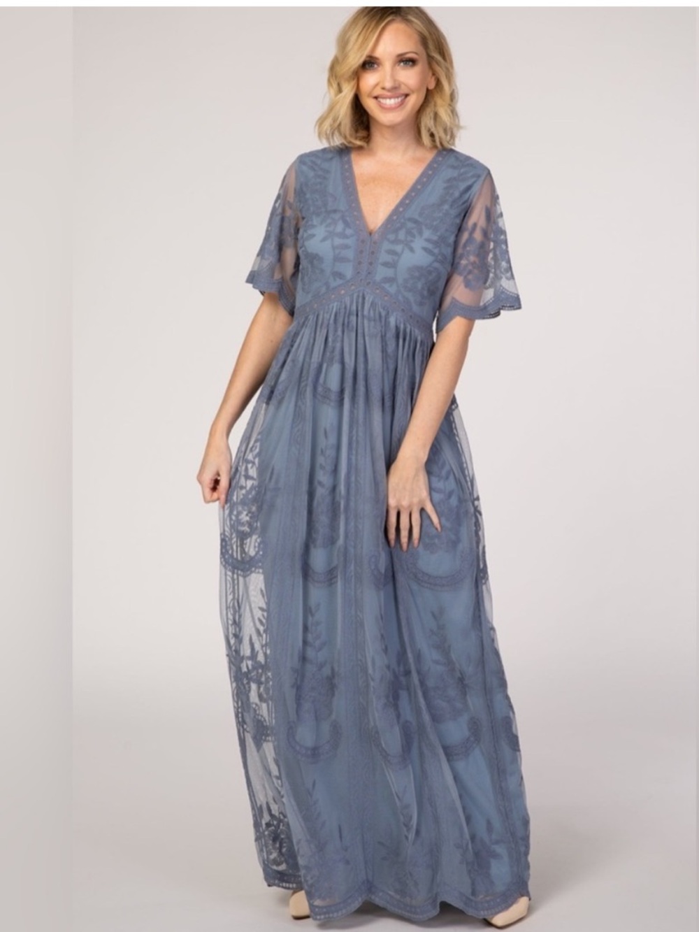 Teal  Lace Cottagecore Dress V Neck Dress